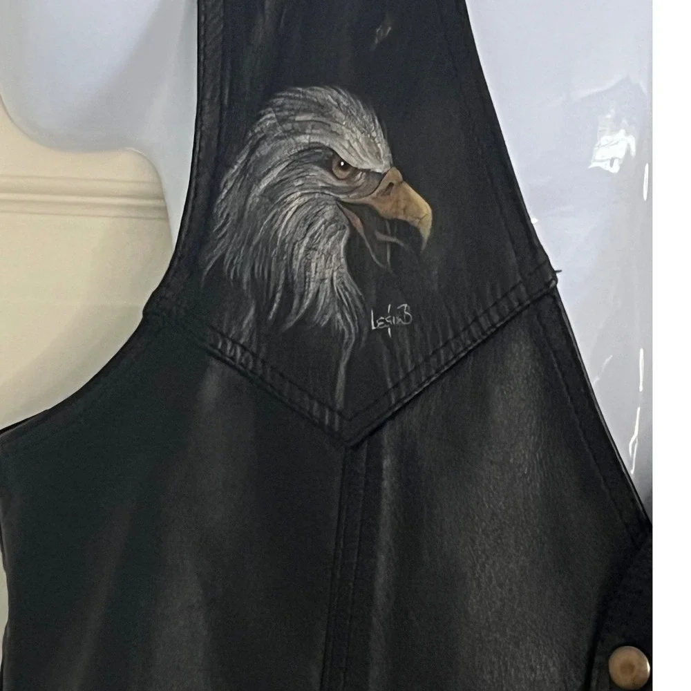 Vtg Leather Biker Vest Airbrushed Eagles in Flight Mountain Sz‎ Med name GAR